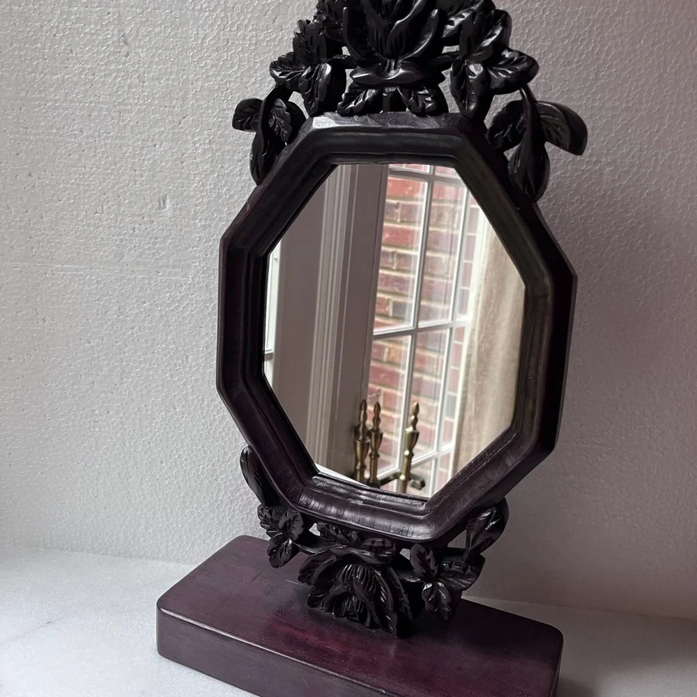 Antique hand carved vanity mirror Floral frame walnut wood frame
